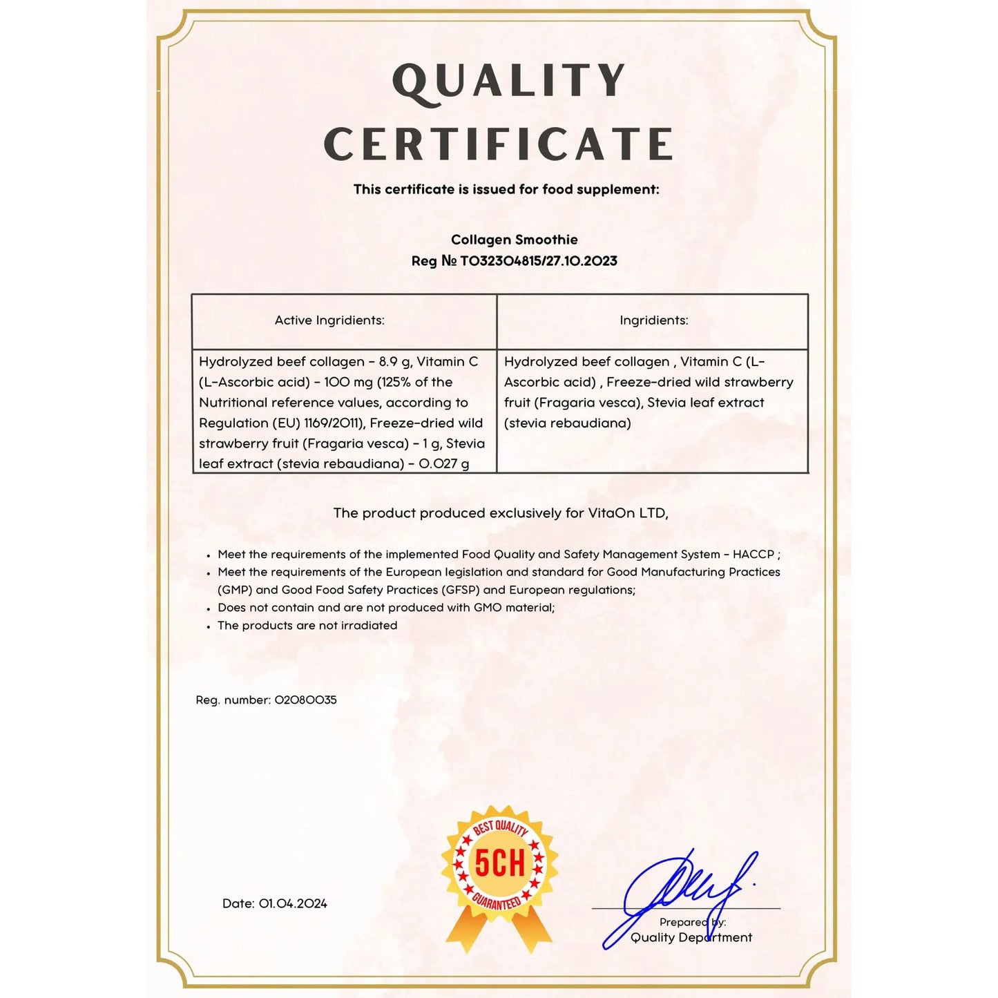 Certifikat kvality Kolagenove smoothie