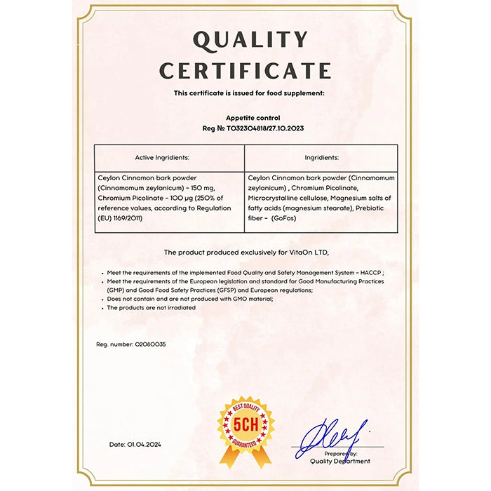 Certifikát kvality Kontrola chuti k jídlu