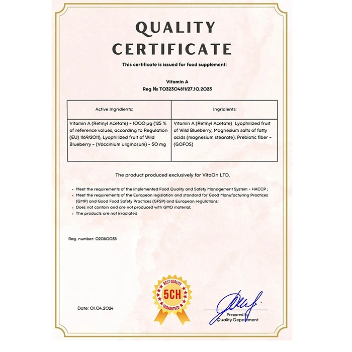 Certifikát kvality Vitamín A