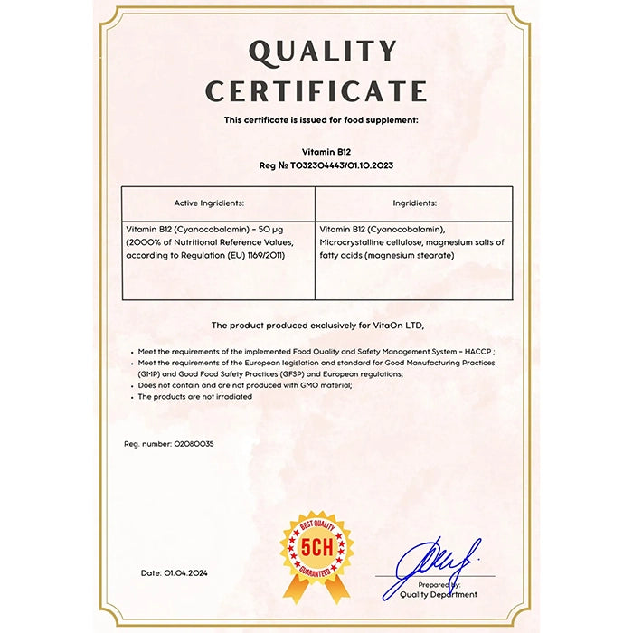 Certifikát kvality Vitamín B12