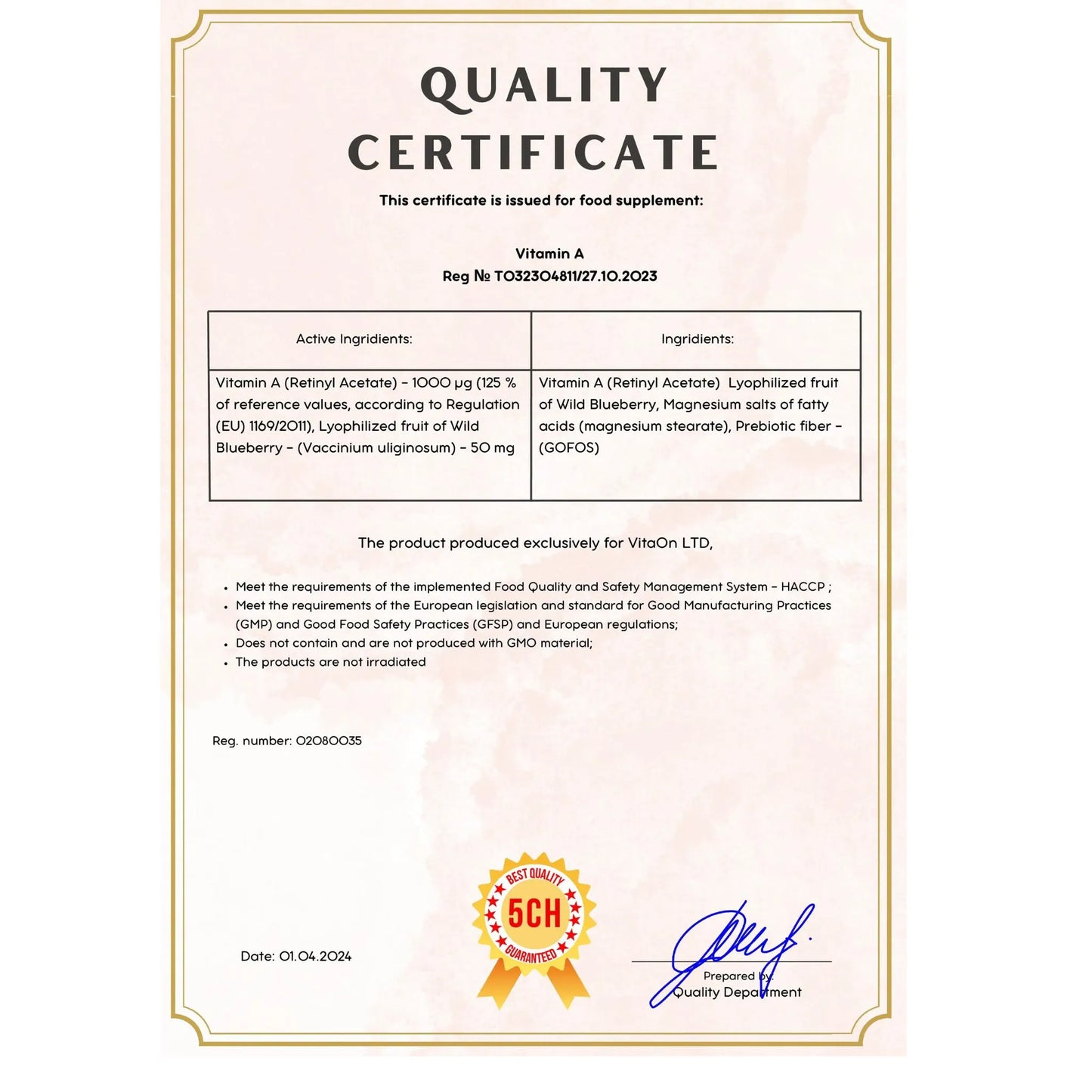 Certifikát kvality vitamin a