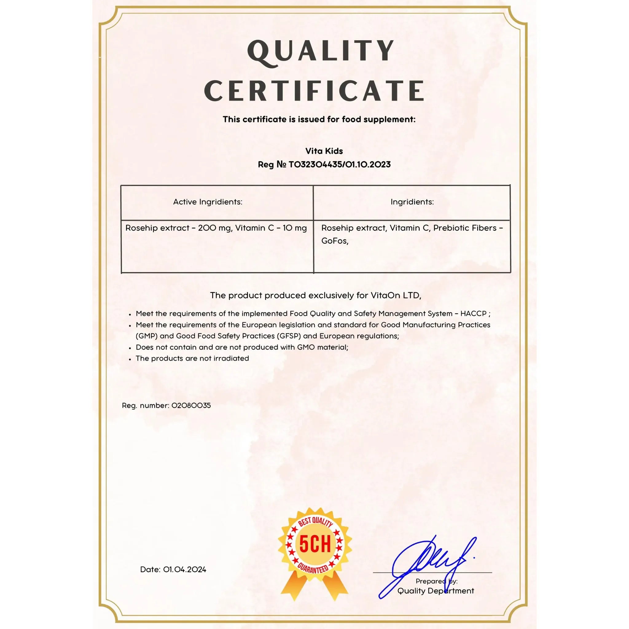 Certifikát kvality vitamin c