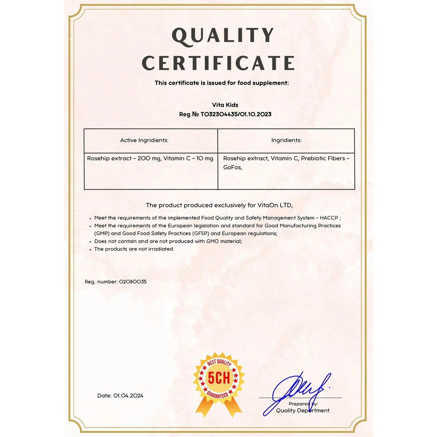 Certifikát kvality vitamin c