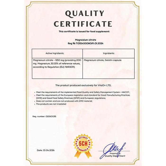 Hořčík - Citrát hořečnatý Certifikát kvality