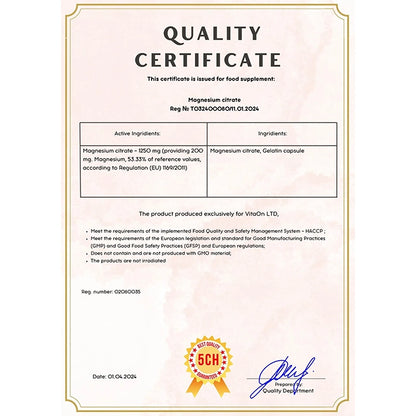 Hořčík - Citrát hořečnatý Certifikát kvality
