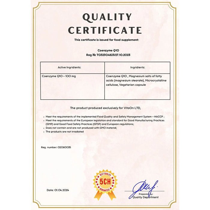 Koenzym Q10 Certifikat kvality