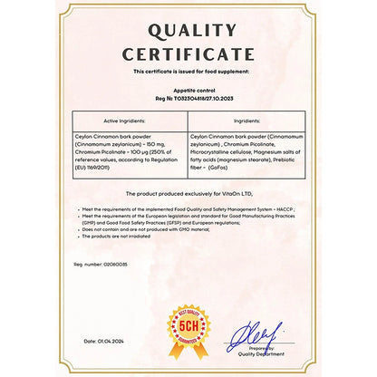 Certifikát kvality Kontrola chuti k jídlu
