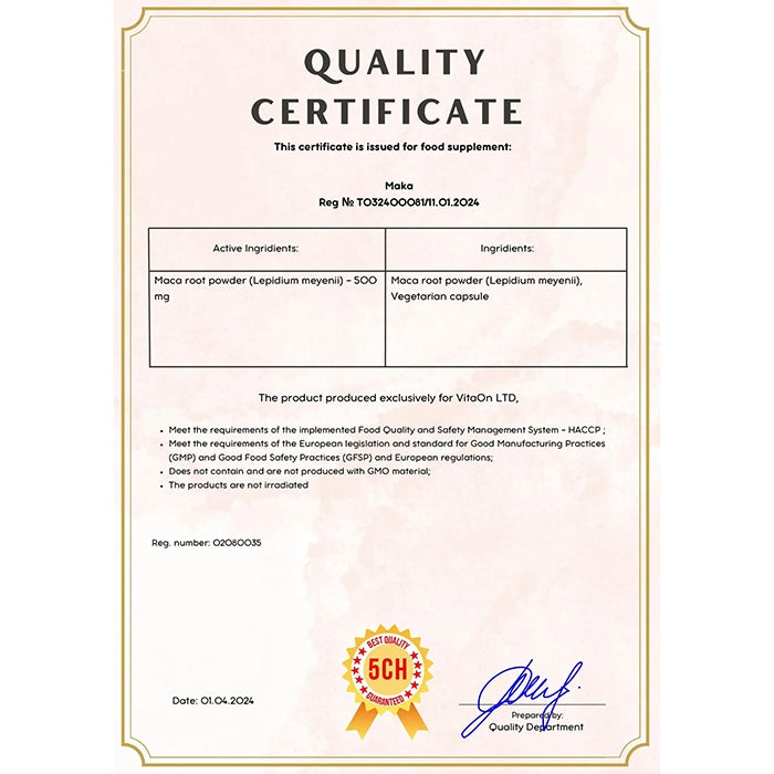 Certifikát kvality koren maca