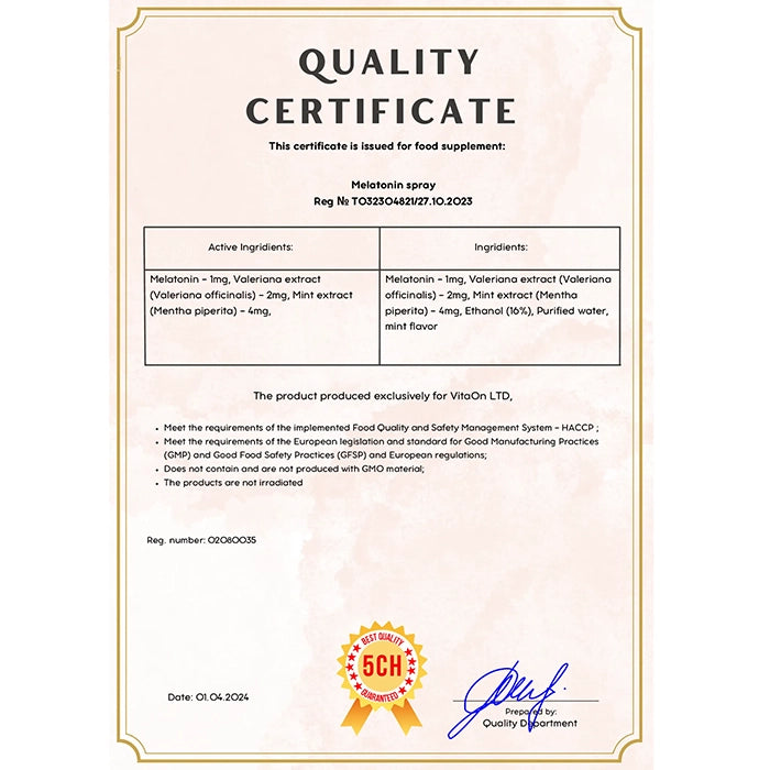Certifikát kvality Melatoninovy sprej