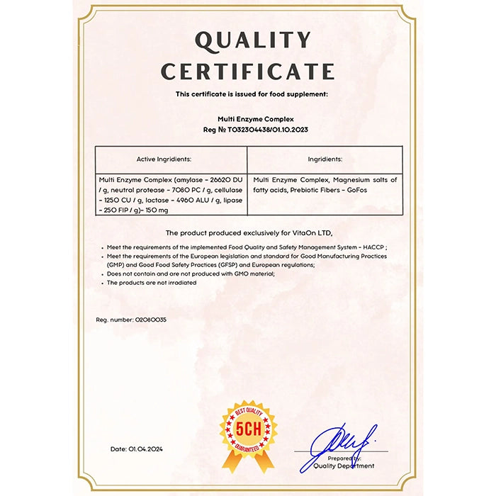 Certifikát kvality Multienzymovy komplex