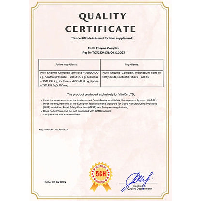 Certifikát kvality Multienzymovy komplex