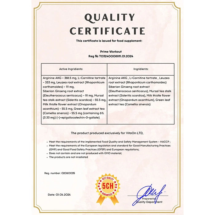 Certifikát kvality prime workout