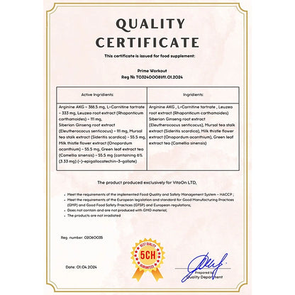 Certifikát kvality prime workout
