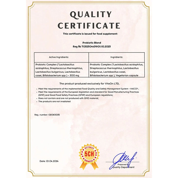 Certifikát kvality Probioticke Blend