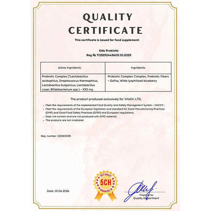 Certifikát kvality probiotikum pro deti 