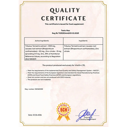 Certifikát kvality Testo max