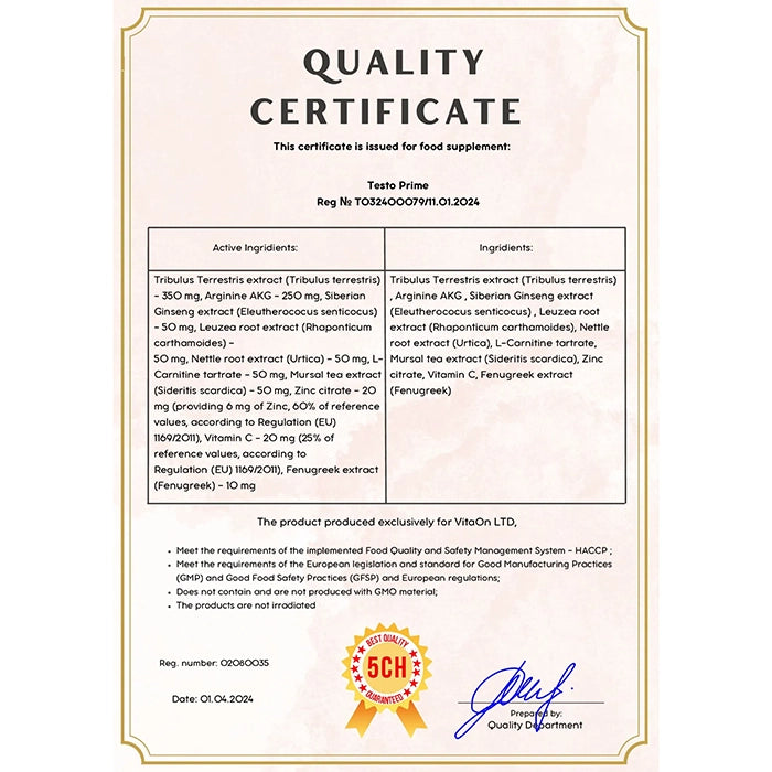 Certifikát kvality testo prime