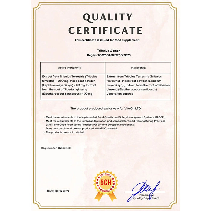 Certifikát kvality Tribulus terrestris pro ženy