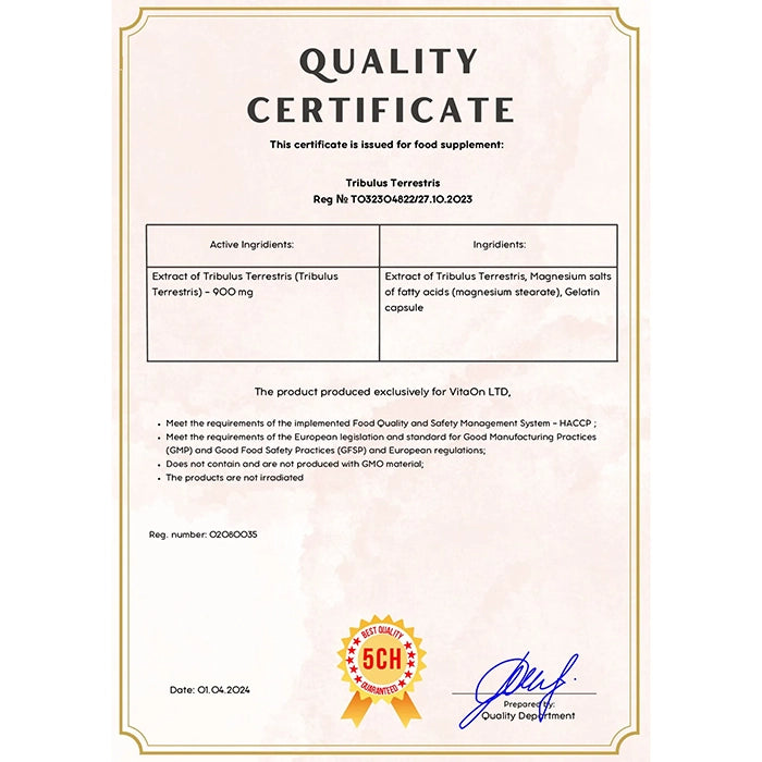 Certifikát kvality tribulus terrestris