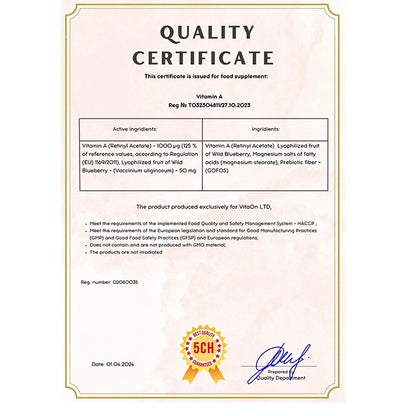 Certifikát kvality Vitamín A