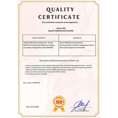 Certifikát kvality Vitamín B12