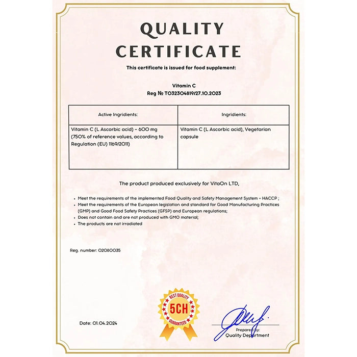 Certifikát kvality Vitamín C