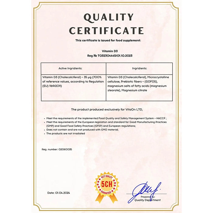 Certifikát kvality Vitamín D3
