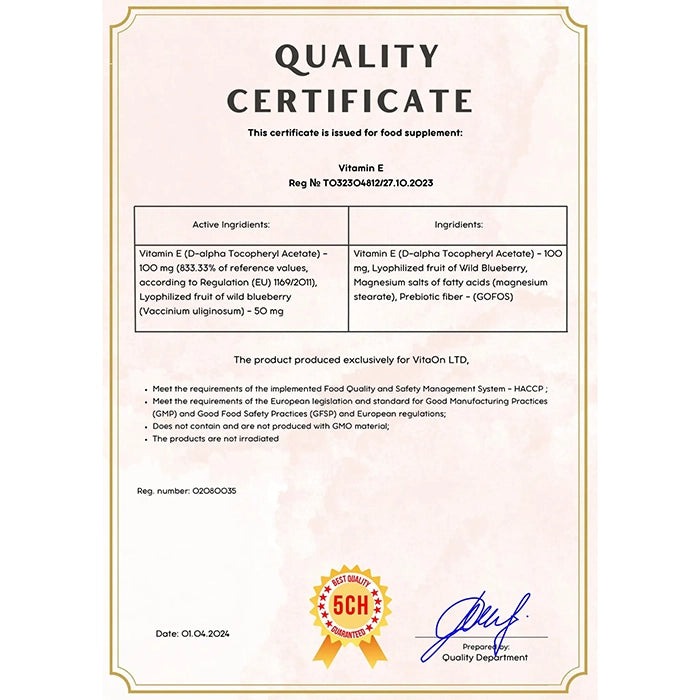 Certifikát kvality Vitamín E
