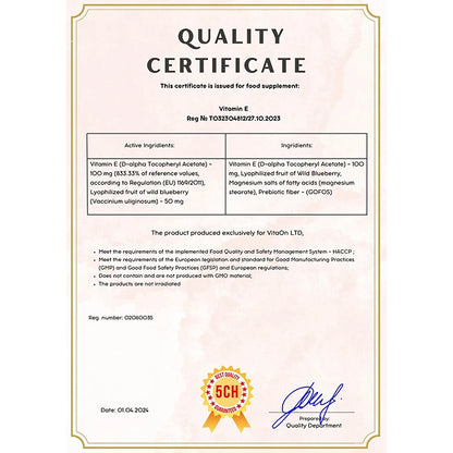 Certifikát kvality Vitamín E