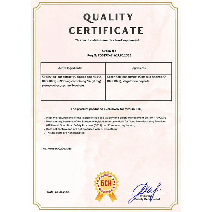 Certifikát kvality Zelený čaj