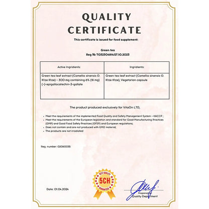 Certifikát kvality Zelený čaj