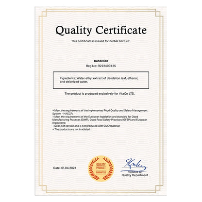 Pampeliška lékařská Certifikát kvality