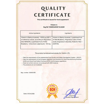 Certifikát kvality vitamin a
