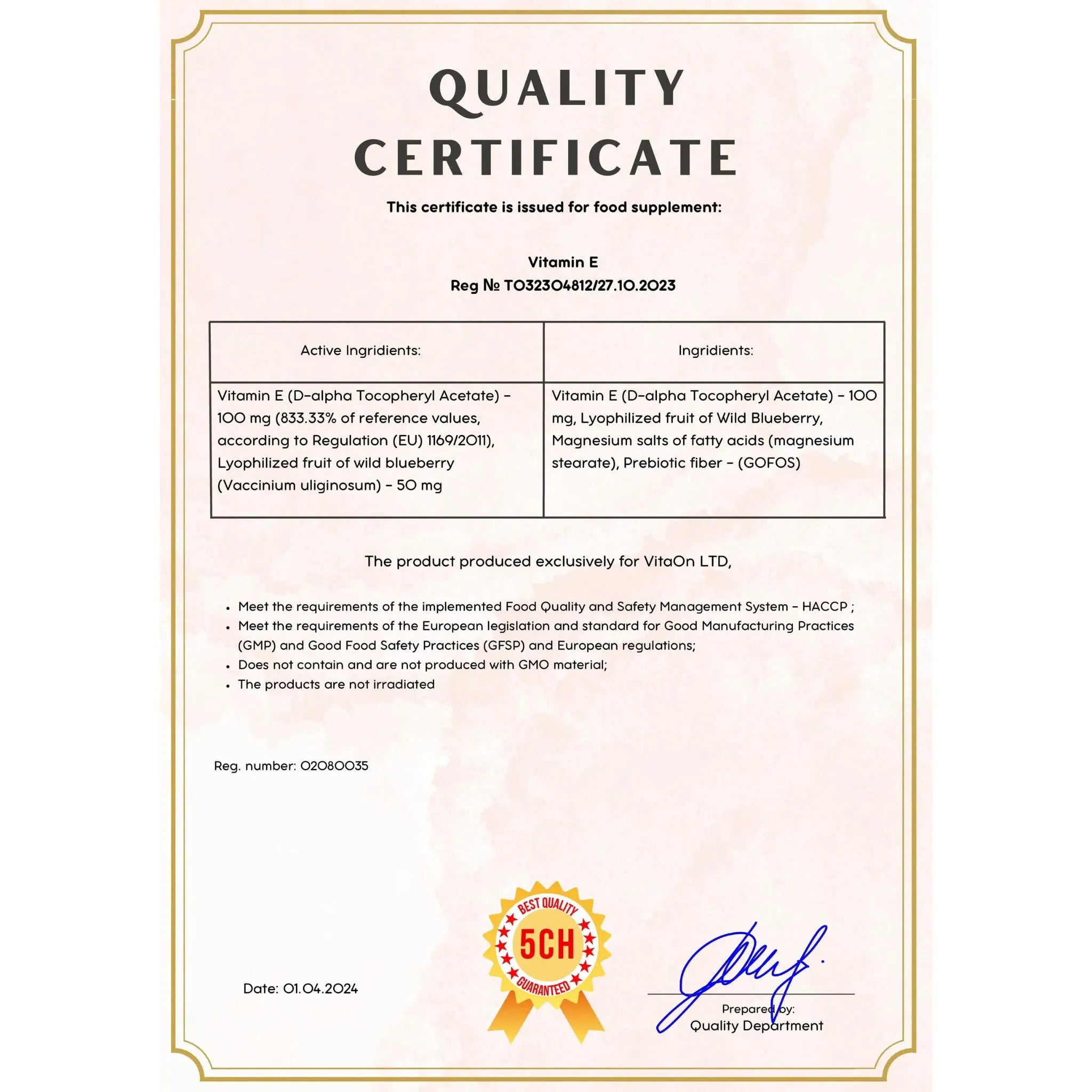Certifikát kvality vitamin e